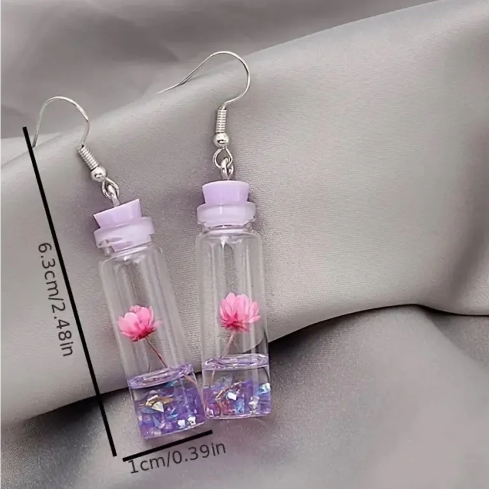 Mini bottle dried Flower Earrings Pink Botanical Resin Dangles